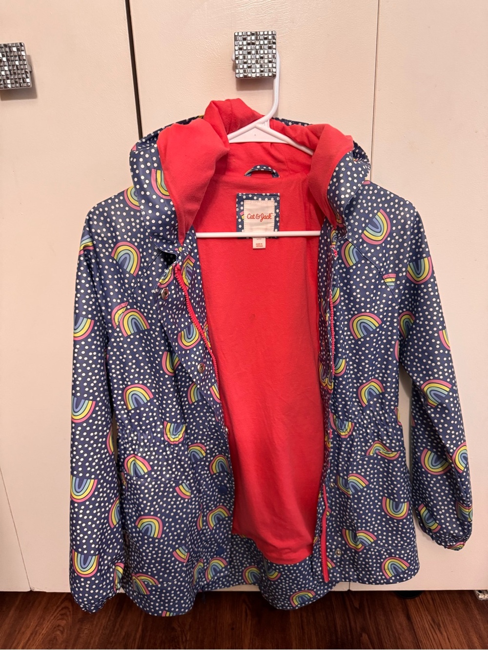 Cat & Jack Navy Rainbow Polka Dot Hooded Jacket with Coral Lining